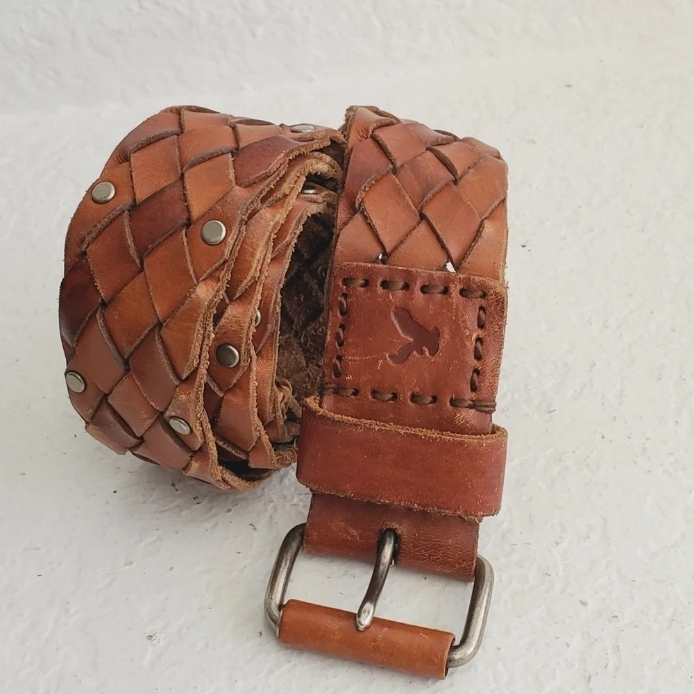 Americal Eagle Western Braided Woven Leather Studded Men's Cognac Size S/M
